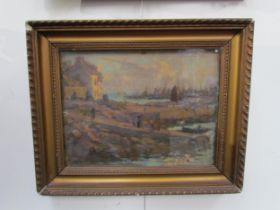 GEORGES EDMOND DARGOUGE (1897-1990): An oil of French harbour scene, figures on slope, signed