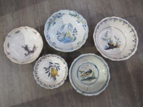 Five late 18th/early 19th Century French Faience bowls decorated with Bird, Pear, House, Oriental