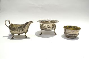 Three white metal items including sauceboat, footed bowl and sugar bowl, 448g