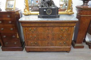 A 19th Century flame walnut Louis Phillippe commode, marble top over cushion drawer, three long