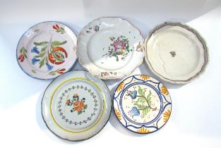 Eight 19th Century French Faience floral decorated plates, flaking and chips present and two