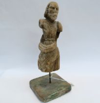 Possibly 16th Century or earlier carved soft wood Romanesque figure mounted on later stand, old worm