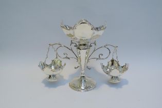 An Alexander Clark Co. Ltd. of London silver plated table centrepiece with two hanging baskets, 28cm