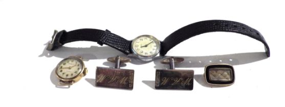 A pair of silver cufflinks monogrammed W.A.M. lady's watches including Regency 9ct gold cased and