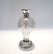 A Levi & Salaman etched glass scent bottle of balloon form, ribbon swag detail, silver hinged lid