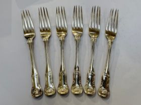 Six Chawner and Co. small silver forks in King's hourglass pattern with crested detail to, London