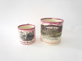 Two 19th Century Sunderland lustre mugs: 'West view of Iron Bridge near Sunderland', 12cm tall.