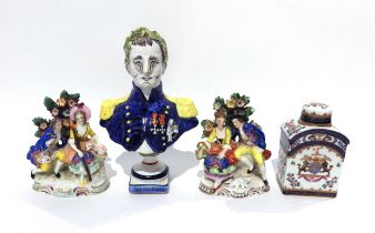 A ceramic bust of Napoleon 20cm tall, two gold anchor bocage figural groups of courting couples