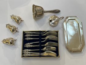 A quantity of Thai silver including Alex & Co, Sterling bell, H. Sena mustard on tray, four Siam
