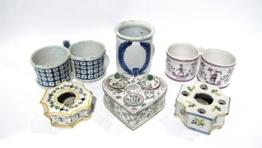 Six pieces of 1800 and later French Faience including two oil and vinegar set carriers, heart shaped