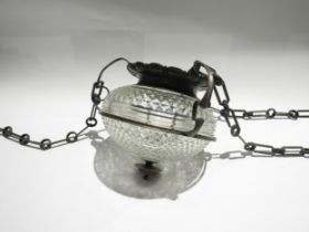 A circa 1900 cut glass hanging ceiling shade in metal hanger with chain attachment Art Nouveau