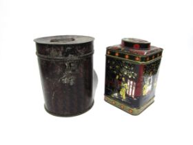 A vintage tin cannister and vintage chinoiserie tea cannister, 23 cm tall (2)