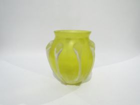 A yellow soda glass bulbous form vase with applied ribbed detail, 19cm high
