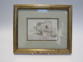 Two 19th Century sepia wash sketches Castle on Bridge and Landscape view (2) 11 cm x 16 cm