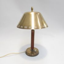 A retro wood and brass table lamp with pierced brass shade, 42cm tall