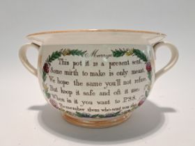 A circa 1830 Sunderland character chamber pot with mottos around the side and inside with a watchful