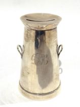 WITHDRAWN: A Mappin & Webb silver money box in the form of a milk churn