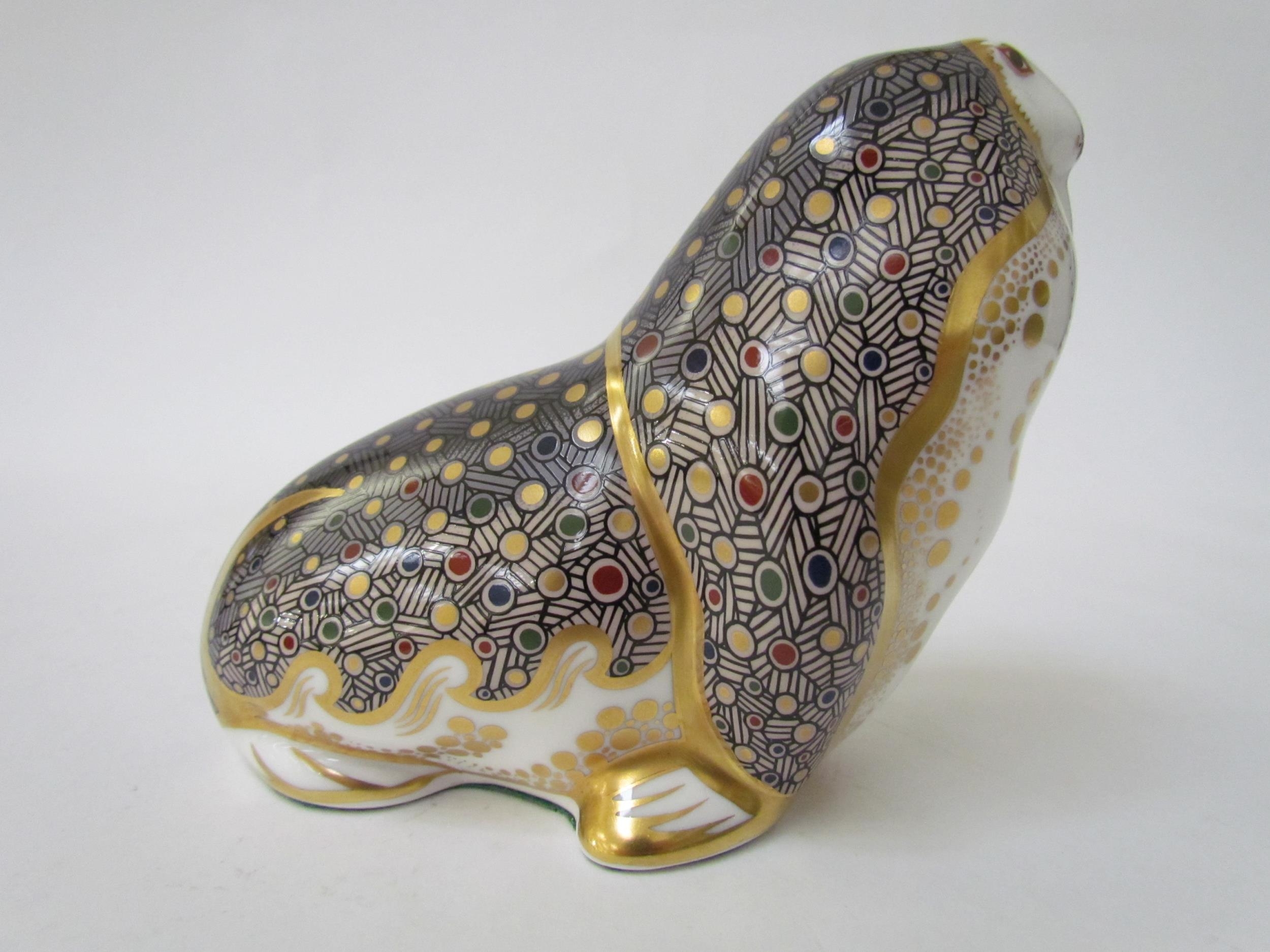 A Royal Crown Derby paperweight as a Walrus, gold stopper - Image 7 of 7