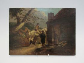 GEORGE MORLAND (1762/63-1804): An oil on board 'Exterior of an Inn with horse', unframed, 25.5cm x