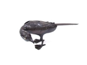 A Japanese Meiji period archaic style bronze ‘pheasant’ censer and cover, inlaid with silver, 40cm
