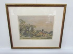 FREDERICK WILLIAM BALDWIN (1899-1984): A watercolour of tree-lined field, Three Horseshoes pub and