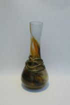 A Romanian Sticla glass vase with applied metal design, autumn colours, 55cm tall