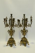 A pair of ormolu six sconce candelabra, scrolled detail, 60cm high