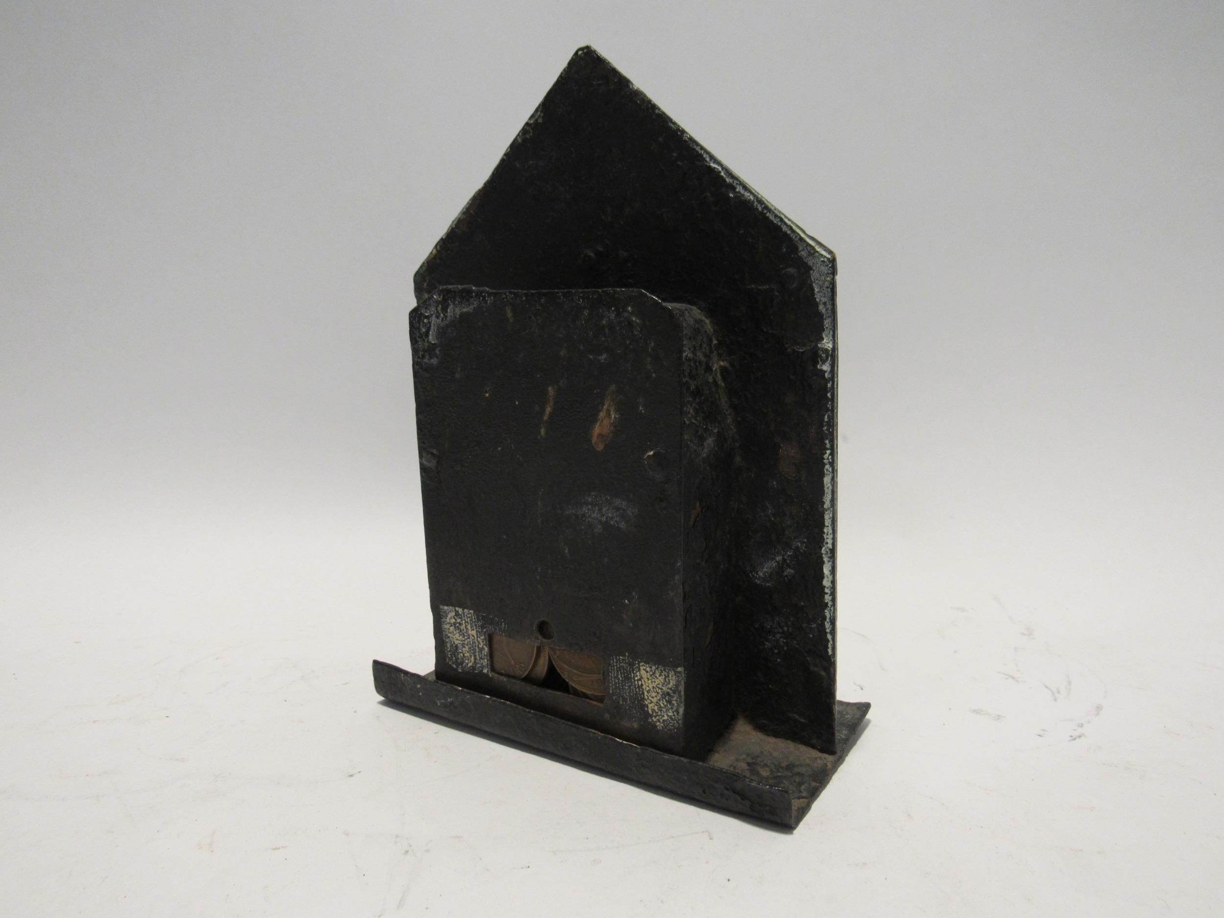 A Georgian wrought metal Yorkshire Bank money box with brass windows, door and street lamp, 19cm x - Image 3 of 3