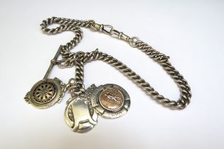 A silver watch chain with three silver Alberts, 73g
