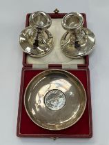 A Roberts & Dore Ltd silver dish set with Churchill coins and a pair of silver filled squat form