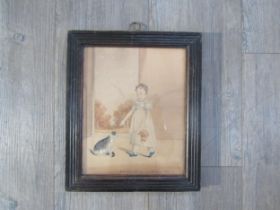 A George IV Regency watercolour depicting girl aged 4 years with cat by open door, painted 13 May