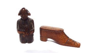 A late 18th Century treen figural snuff box, carved as a Judge, 9cm tall and later 19th Century boot