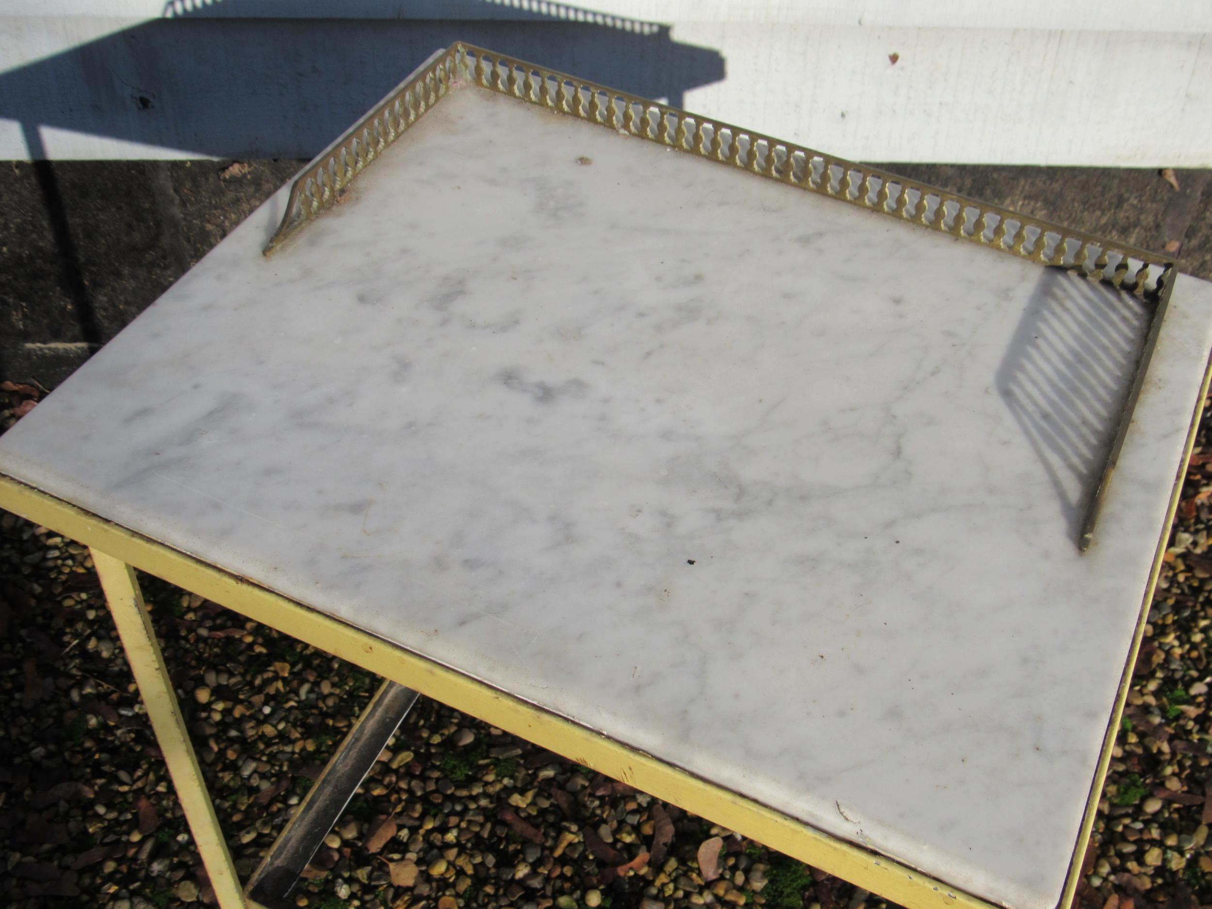 A pair of late 19th / early 20th Century galleried marble top conservatory tables with painted metal - Image 3 of 3