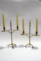 A pair of 19th Century twin sconce adjustable height brass table candlesticks with tripod paw feet