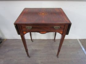 A late Victorian inlaid rosewood drop flap side table on castors, 22cm x 57cm x 42cm