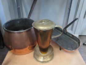 A copper skillet pan, long handled saucepan, and lidded jug with drip catcher (3)
