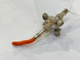 A 19th Century silver and coral teething rattle and whistle