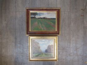 Two 20th Century oil on boards rural landscapes, field with trees and field with farm workers and