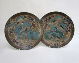 A pair of 19th Century Japanese cloisonné chargers, scenes of exotic birds, floral sprays and