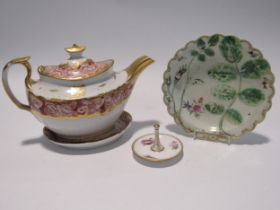 An early to mid 19th Century transfer printed teapot with gilt decoration and stand, ring dish and