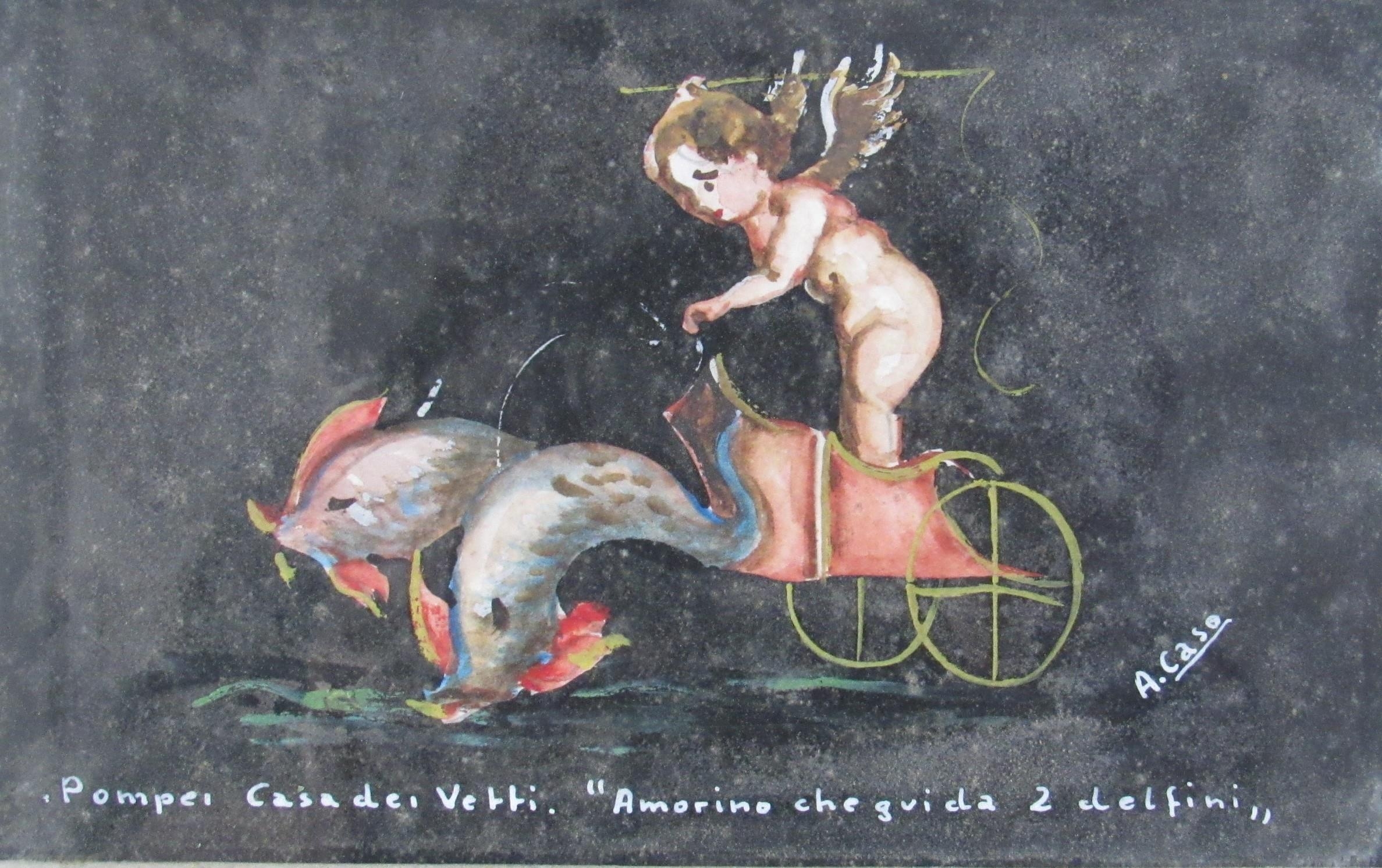 A late 19th Century Italian watercolour "Pompei casa de Vetti Amorino cheguida 2 delfin". Cupid - Image 2 of 3