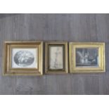 Three gilt framed late 18th/early 19th Century engravings including "Hymen & Cupid", family scene