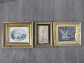 Three gilt framed late 18th/early 19th Century engravings including "Hymen & Cupid", family scene
