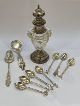 A Dutch silver and glass perfume bottle (no stopper) and assorted Dutch silver spoons & spoons