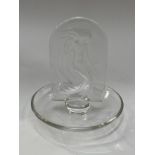 A Lalique Glass dressing table ring dish with upright panel of 'Naide' design with nude female, 10cm