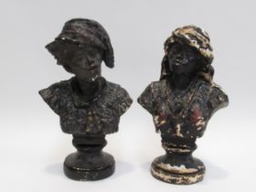 A pair of French plaster bust depicting Arabian figures, paint flaking, approx 33cm tall