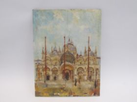 A naïve oil on panel depicting the Piazza San Marco, Venice. The panel has a split running from