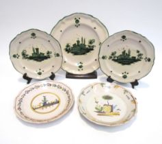 Three Cantigalli Italian plates and two early 1800 French Faience plates with dog detail. Chips