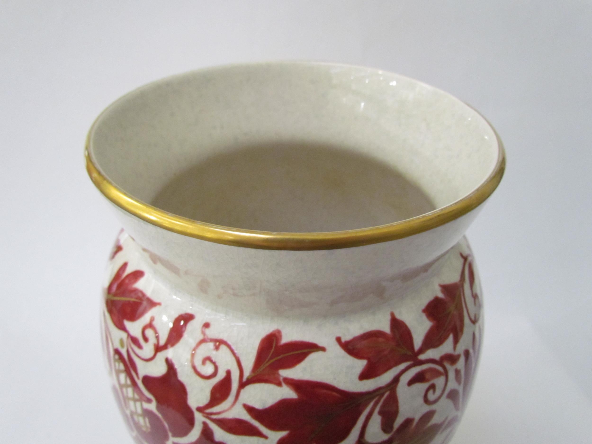 A Charlotte Rhead for Bursley Ware vase, mottled white with red foliage design enriched with gilt, - Image 7 of 11