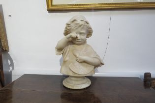 A 19th Century alabaster bust depicting a young girl crying wearing a lace bonnet. 48cm tall, cracks